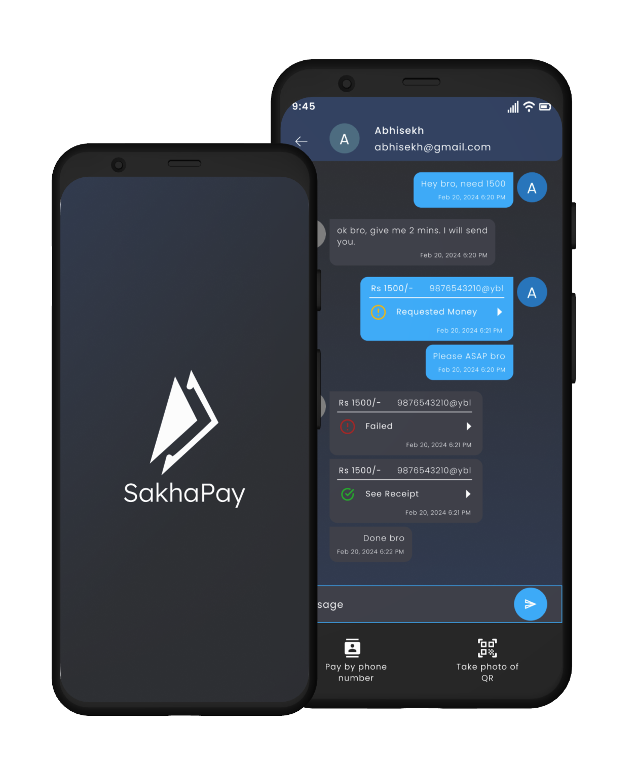 SakhaPay app – splash and chat screens